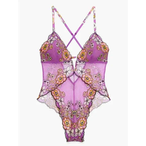 Savage X Fenty Juicy Purple Flower Poppy Print Mod Poppy Lace Teddy Lingerie - Picture 1 of 4